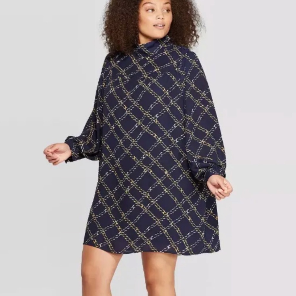 NWT WHO WHAT WEAR Navy Blue Chain Mock Turtelneck Mini Dress Plus Size XL